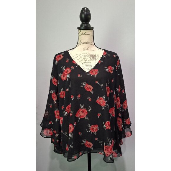 Lane Bryant Black Floral Chiffon Blouse With V-Neck & 3/4 Sleeves Size 18/20 - Picture 1 of 6